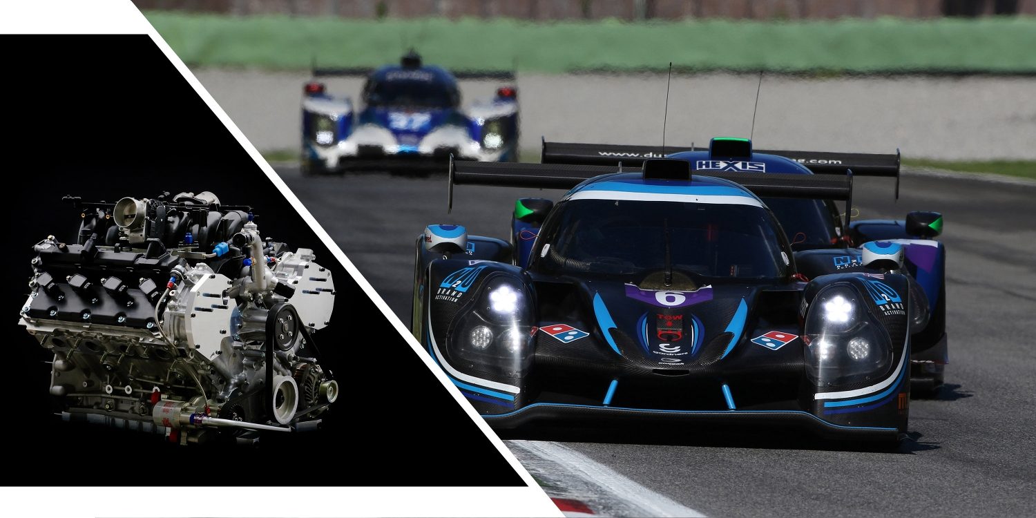 Imagen dividida con el motor de carreras V8 NISMO y el auto de carreras Ligier JS P3 Nissan