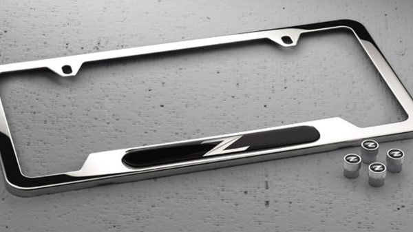 Nissan 370Z Roadster accessories Nissan Z chrome license plate frame and valve stem caps package