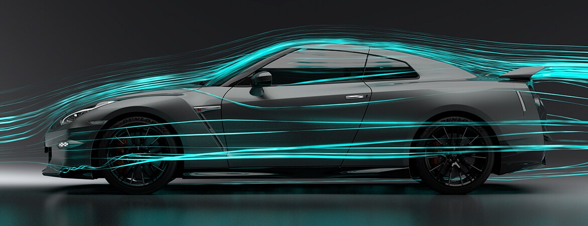 Perfil lateral del Nissan GT-R 2024 en un túnel de viento con fluidas y brillantes líneas aerodinámicas