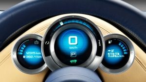 ESFLOW electric sports car gold interior showing illuminated speedometer and odometer