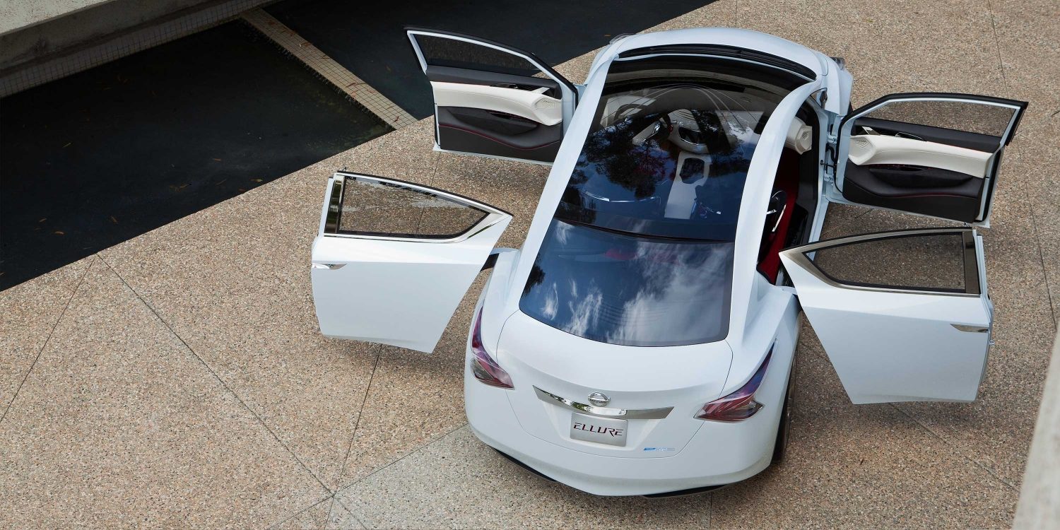 Nissan Ellure view from above with all four doors open to face each other at 90 degree angle