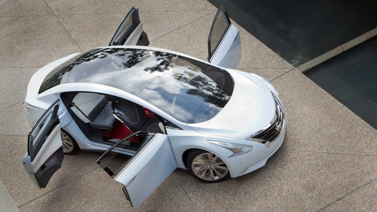 Nissan Ellure view from above with all four doors open to face each other at 90 degree angle