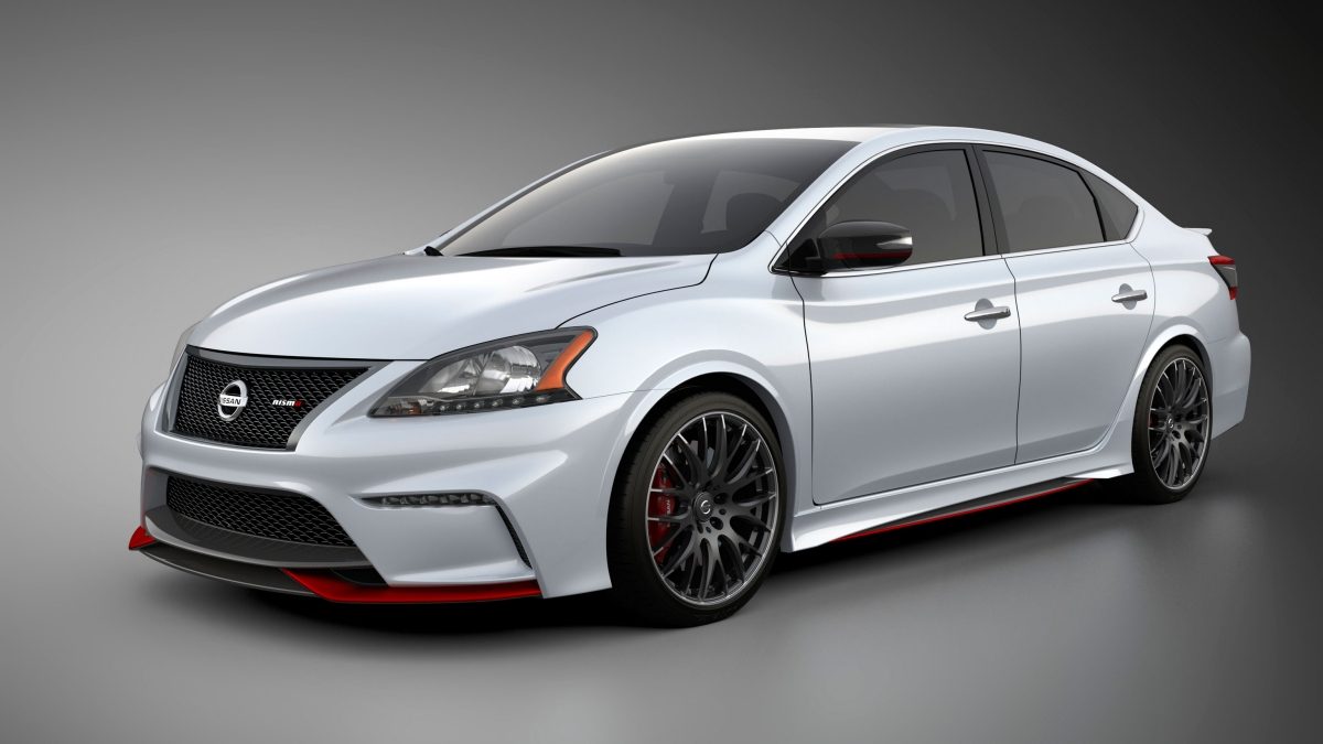 Front view of a Nissan Sentra® NISMO® concept car shown in a brilliant silver with red accents.