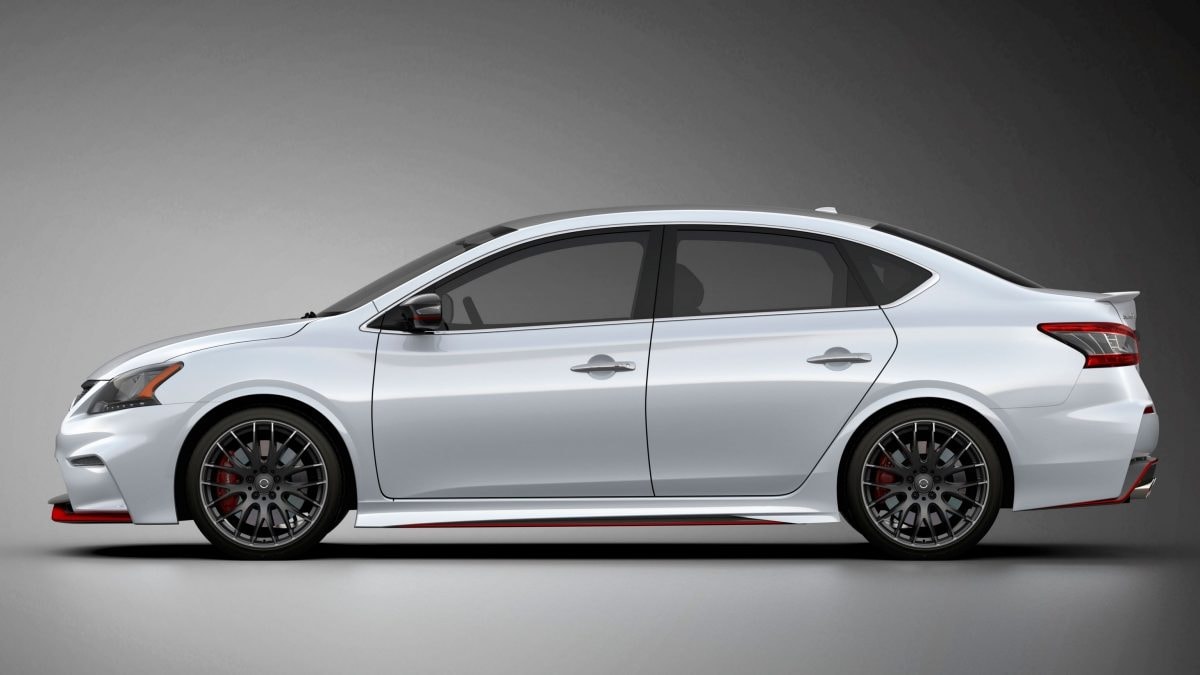 Side view of a Nissan Sentra® NISMO® concept car shown in a brilliant silver with red accents.