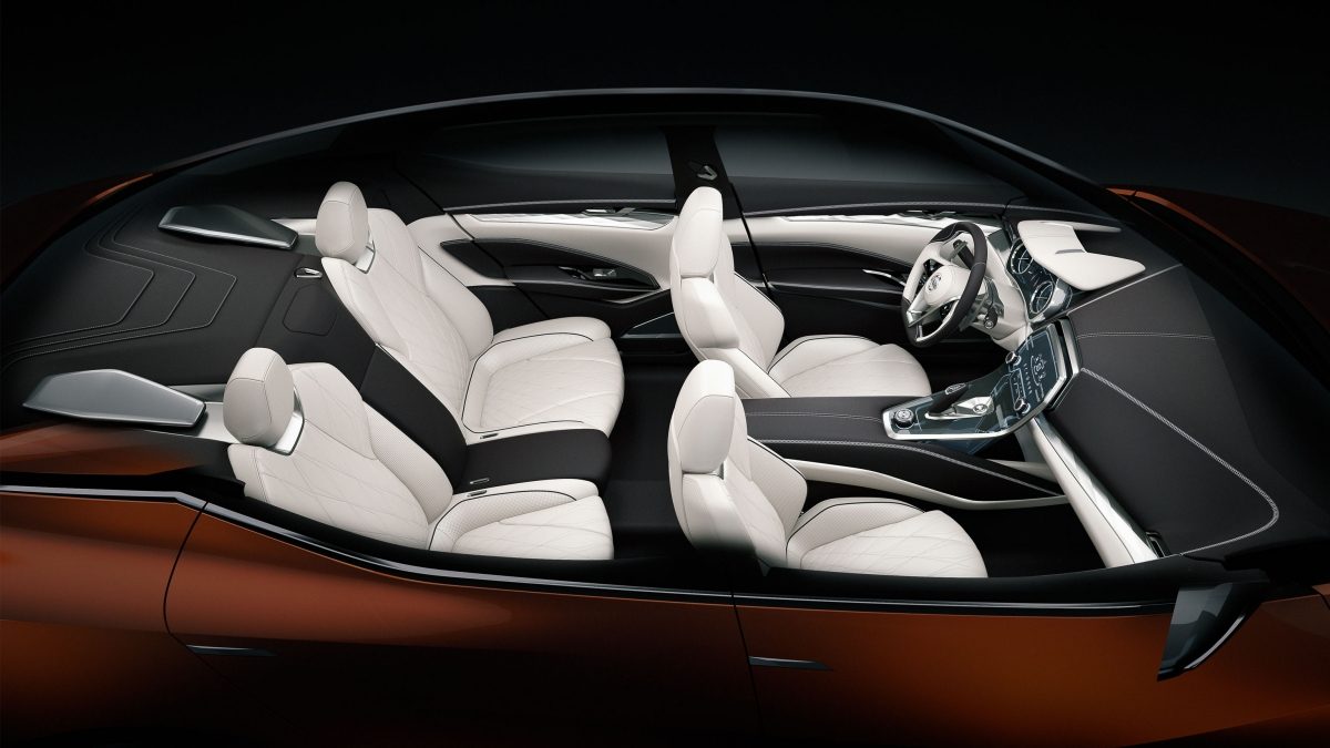 Overhead view of the Nissan Sport Sedan interior seating, steering wheel and dashboard