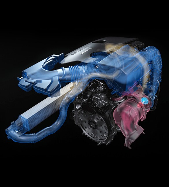 Bloque del motor VC Turbo del Nissan Altima 2022 con áreas ilustradas en azul y rojo que demuestran el encendido y el apagado del turbo.