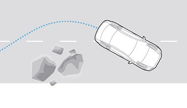 Ilustración del Nissan Altima 2023 esquivando rocas con el Sistema antibloqueo de frenos.