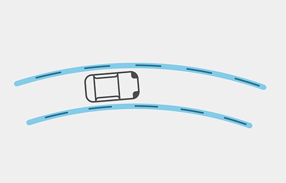 Ilustración del Nissan Altima 2023 que muestra cómo la tecnología ProPILOT Assist mantiene el auto centrado en el carril.