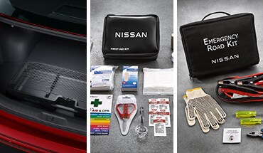 Bandeja organizadora deslizante para la cajuela del Nissan Altima 2023 con kit de primeros auxilios y kit de emergencia en carretera.