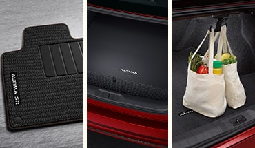 Tapetes alfombrados deportivos, protector alfombrado para la cajuela, red para ocultar objetos en la cajuela y ganchos para las bolsas de la compra del Nissan Altima 2023.