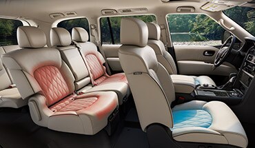 Ilustración de los asientos delanteros con climatizador y de los asientos traseros calefactados del Nissan Armada 2022.