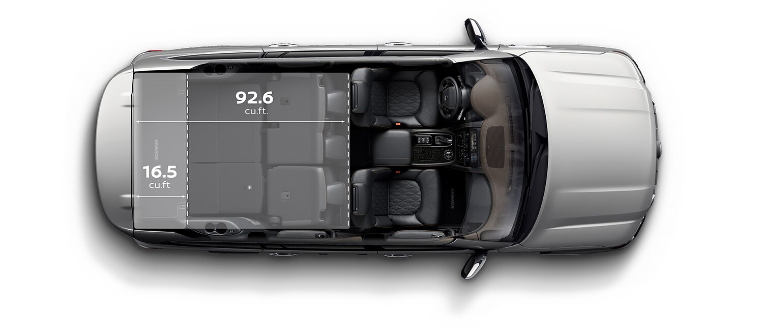 Vista superior del Nissan Armada 2022 con recorte del techo para ilustrar las dimensiones interiores de carga útil.
