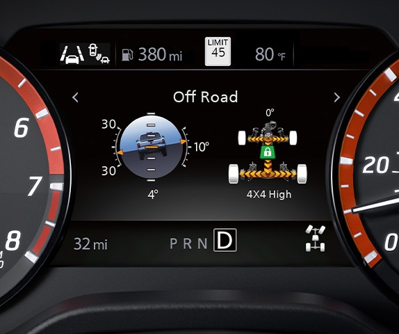 Monitor de asistencia avanzada para el conductor Drive-Assist® de la Nissan Frontier PRO-4X 2024 con indicadores todoterreno