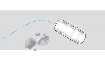 Ilustración del sistema de Frenado antibloqueo del Nissan Kicks 2023 alrededor de una roca grande