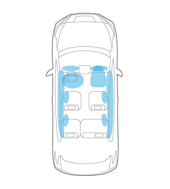 Vista de la esquemática de las 10 bolsas de aire estándar del Nissan LEAF 2022