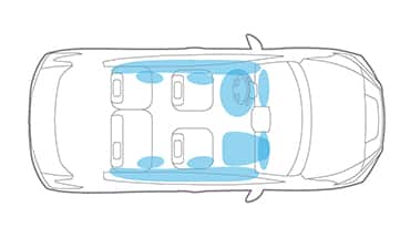 Ilustración de la ubicación de las 10 bolsas de aire en el Nissan LEAF 2023.