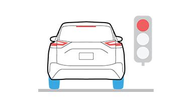 Ilustración de un auto Nissan LEAF 2023 en un semáforo usando el freno electrónico de estacionamiento con la retención automática del freno