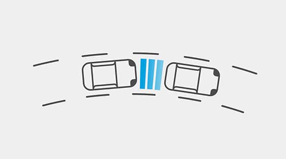 Ilustración del Nissan LEAF 2023 que muestra cómo la tecnología ProPILOT Assist deja un espacio de seguridad entre los autos 