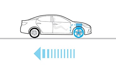 Ilustración del Nissan Maxima 2023 que muestra el Frenado inteligente de motor al detenerse suavemente.