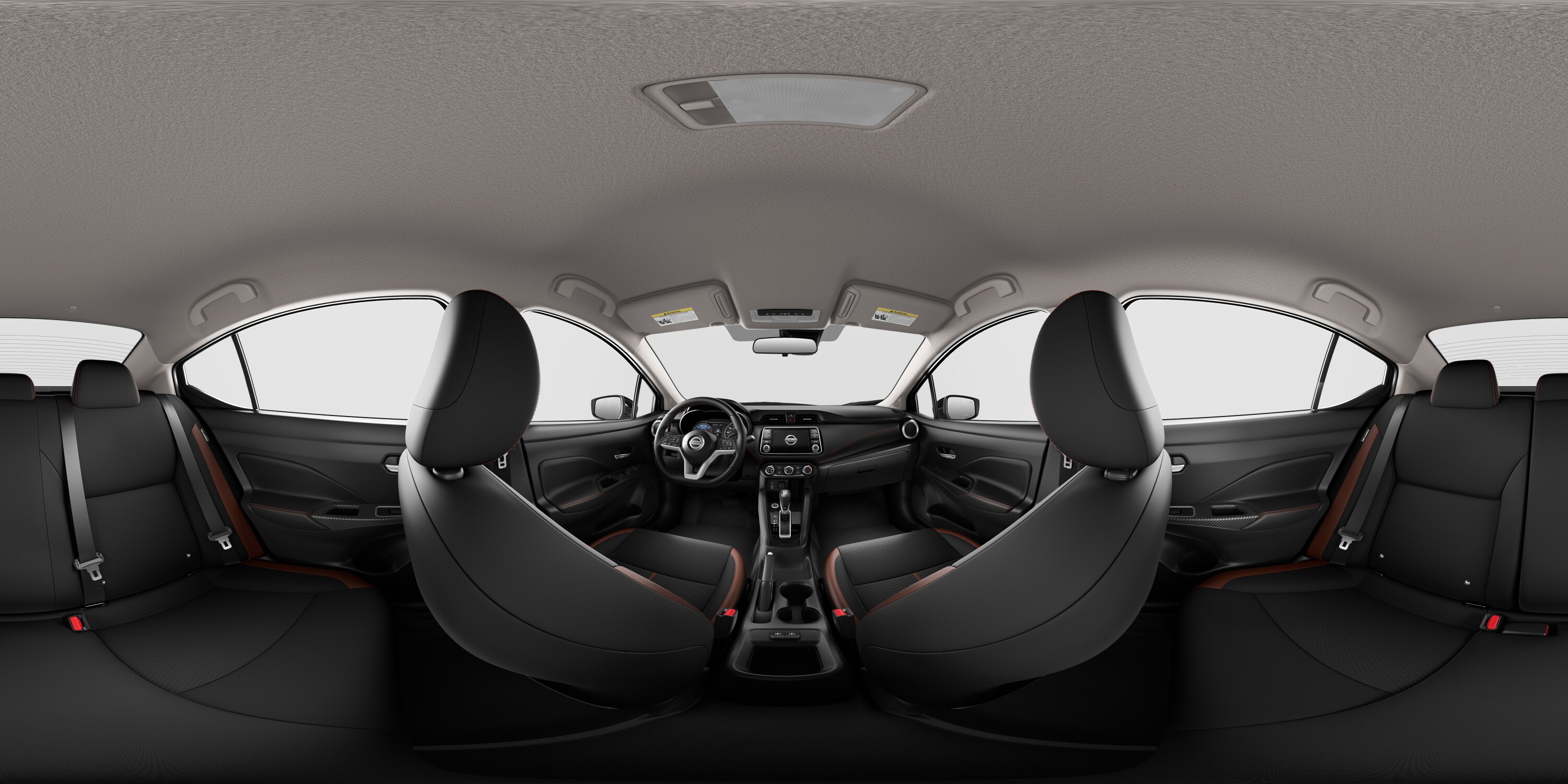 Interior del Nissan Versa 2022 SR con paquete de conveniencia en color Charcoal con tela deportiva.